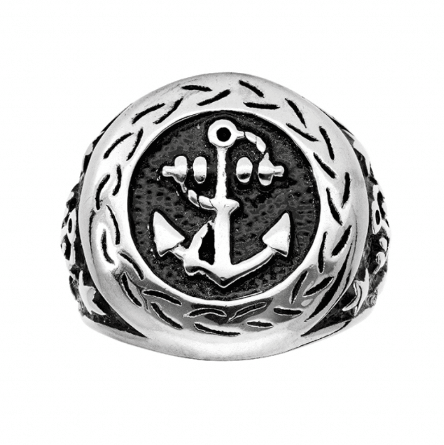 BAGUE ACIER RONDE MOTIF ANCRE MARINE