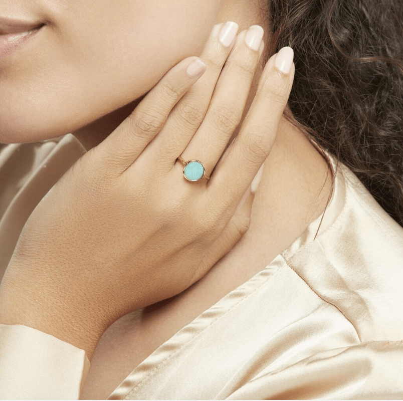 Bague En Or 18 Carats Sertie D'Amazonite Naturelle - Taille 49, Poids 6,67 G - Style Amitié, Occasion