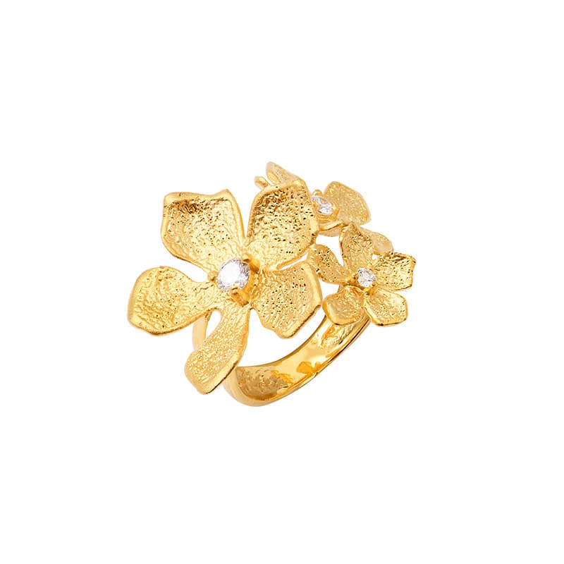Bague fleurs dorées ornées d’un oxyde, argent 925/1000 doré