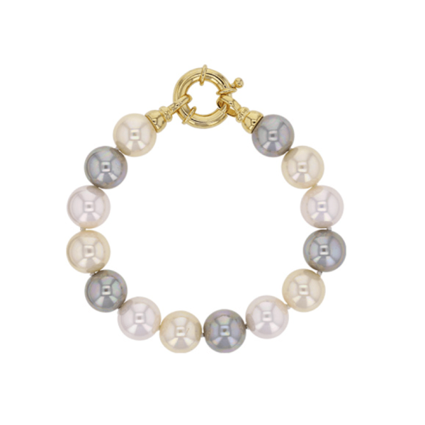 Bracelet avec fermoir anneau marin en laiton et perles de Majorque rose, champagne, grises