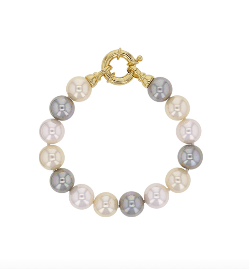 Bracelet avec fermoir anneau marin en laiton et perles de Majorque rose, champagne, grises