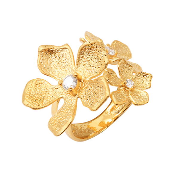 Bague Trilogie fleurs dorées ornées d'un oxyde, argent 925/1000 doré