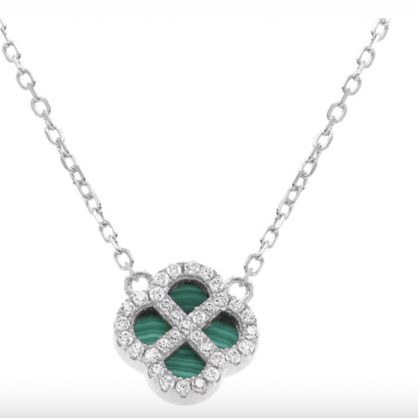 COLLIER ARGENT RHODIÉ PENDENTIF TREFLE MALACHITE VÉRITABLE CONTOUR OXYDES BLANCS 40+5CM