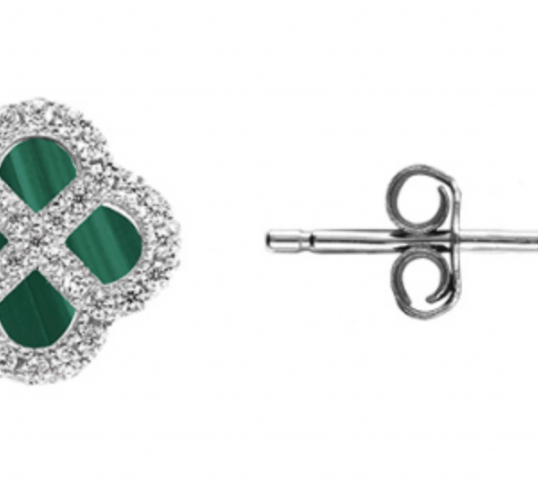 BOUCLES D'OREILLES TIGE ARGENT RHODIÉ MOTIF TREFLE MALACHITE VÉRITABLE CONTOUR OXYDES BLANCS