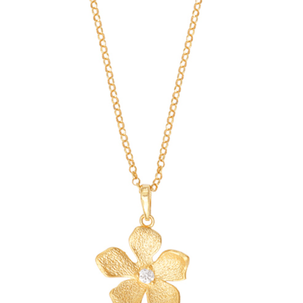Collier fleur dorée ornée d'un oxyde, argent 925/1000 doré
