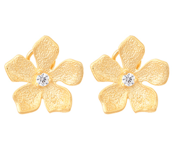 Clips oreilles percées fleur ornée d'un oxyde, argent 925/1000 doré
