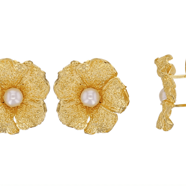 Clips oreilles en forme de fleur, ornés d'une perle de culture d'eau douce, argent 925/1000 doré