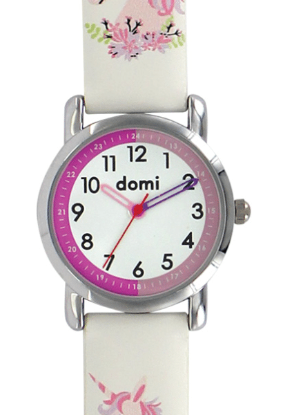 Montre pour enfant motif licorne boîtier métal et bracelet synthétique blanc.